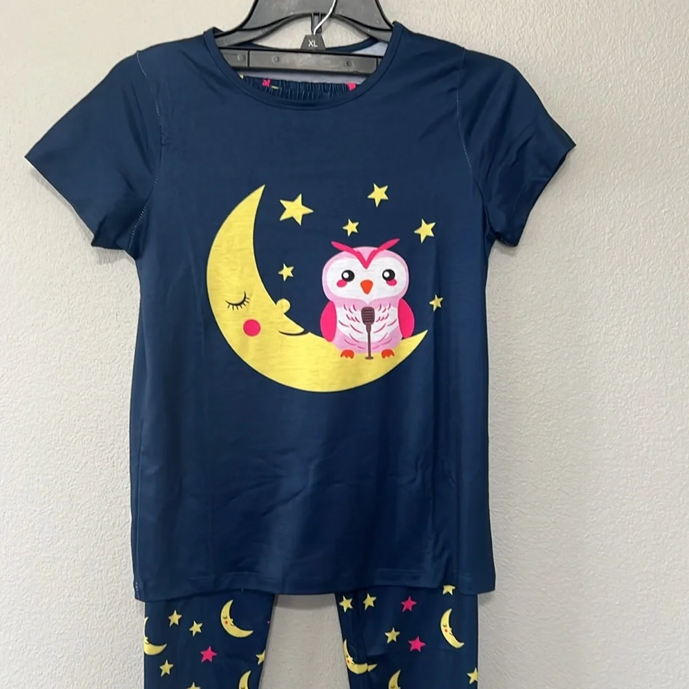Kids Pajamas Set with Owl and Moon Design 3 Piece Top/bottoms/Shorts sz 13-14 yr